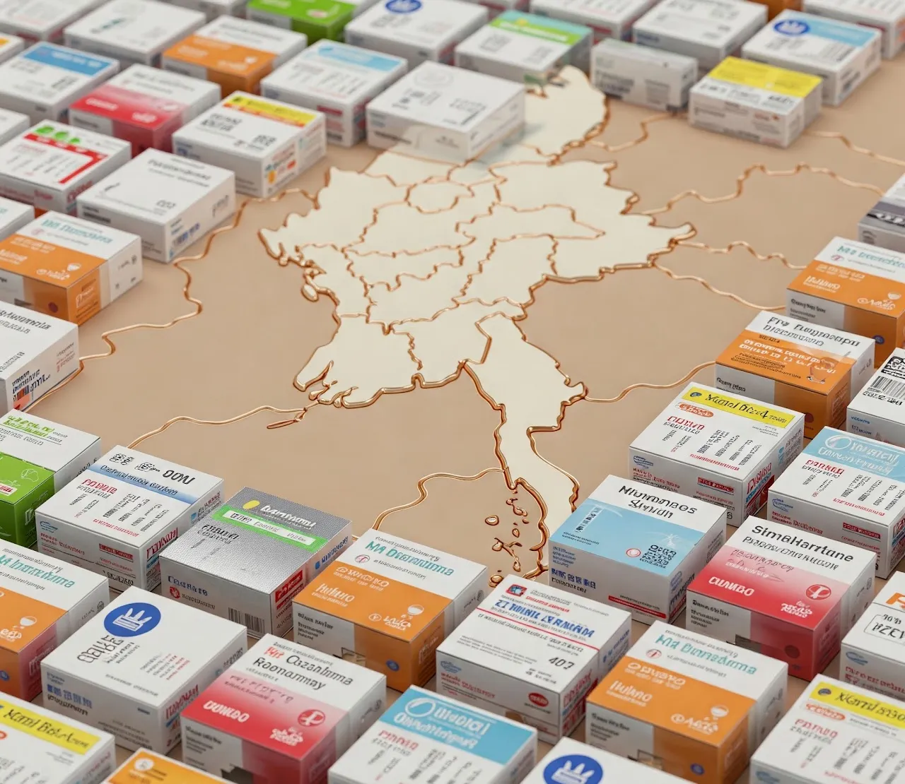 Myanmar map surrounded by pharmaceutical packaging